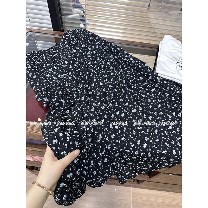 【高腰碎花裙】巨好看~蓝色小碎花肌理感松紧拼接雪纺半身裙