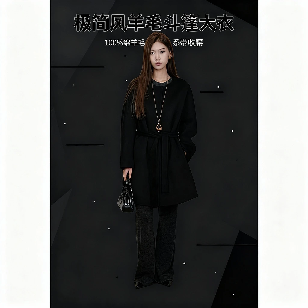 RONGYI极简斗篷款中长款无领高支羊毛大衣