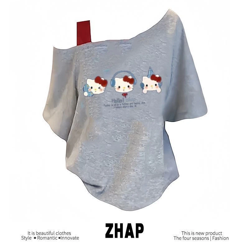 【ZHAP】新款单肩露肩吊带宽松短袖t恤女浅灰色吊带夏季外穿kitty猫