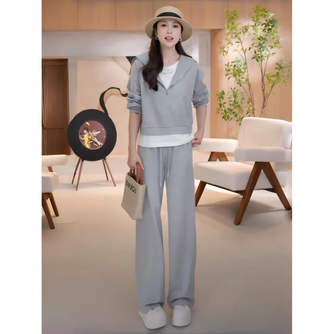 2025早春新款套装烫钻假两件长袖卫衣+阔腿休闲裤显瘦运动两件套