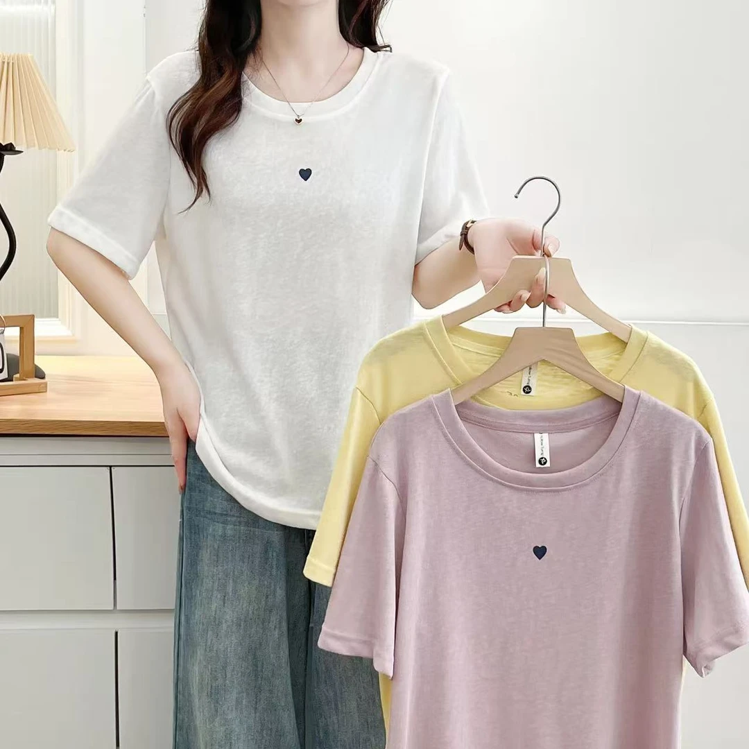 大码微胖夏季纯色吸汗短袖透气女爱心简约印花圆领T恤显瘦百搭韩