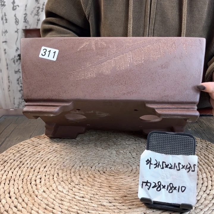 紫砂花盆柴烧芭蕉刻绘加深长方311
