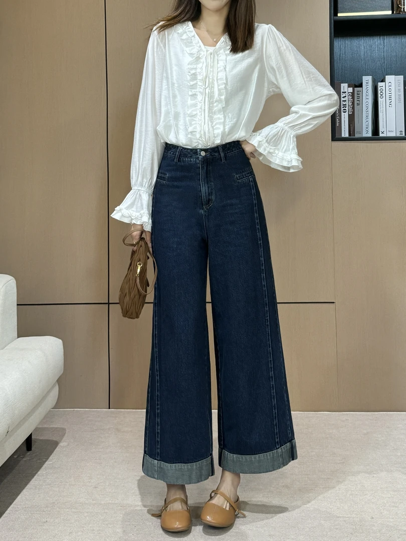 深蓝色阔腿牛仔裤女早秋新款高腰宽松高个子窄版直筒裤AM25971