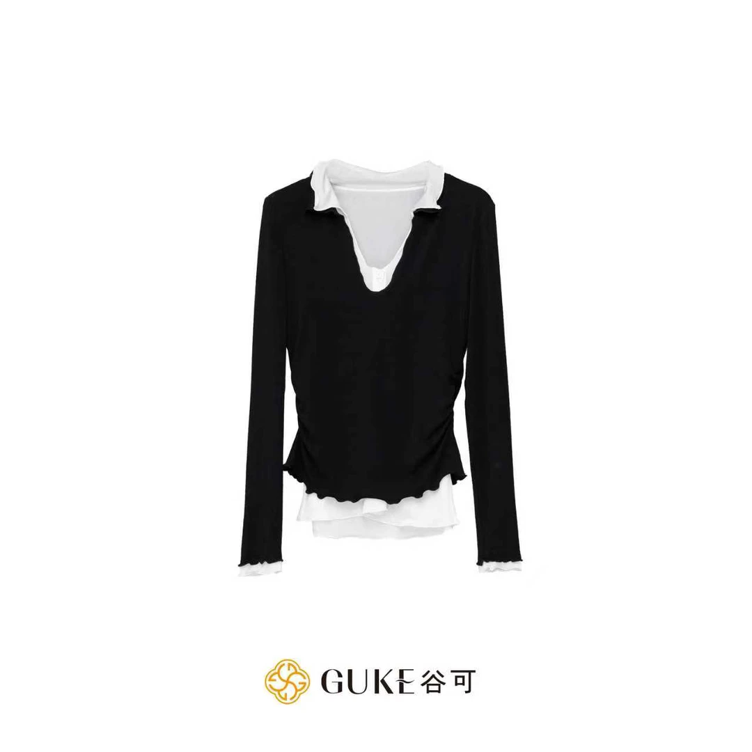 GKE/谷可C1126秋冬款时尚百搭假两件翻领针织衫上衣