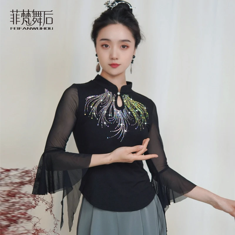 菲梵舞后新款烫钻舞蹈服上衣弹力现代广场舞服装女修身显瘦演出服