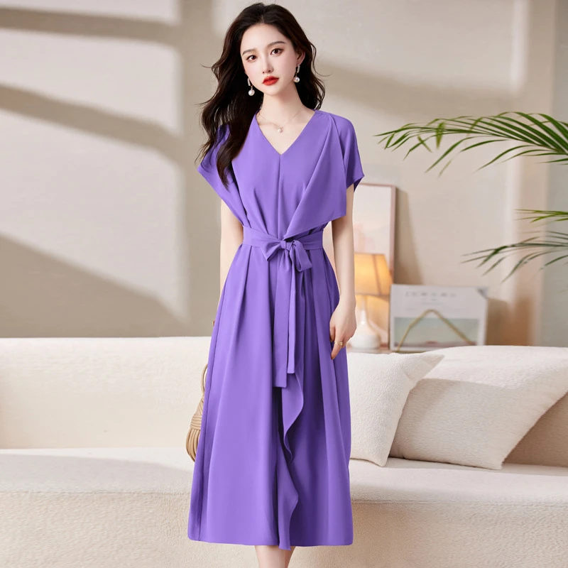 2025夏装新款夏日微光气质名媛修身显瘦高腰系带长款短袖连衣裙时