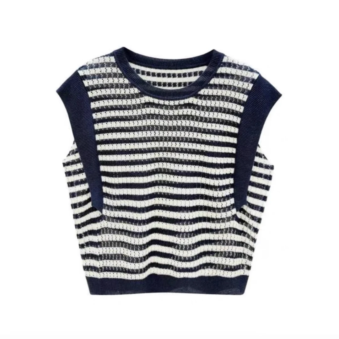 简约设计感圆领飞飞袖夏季拼接无袖坎肩韩系百搭针织上衣WTT