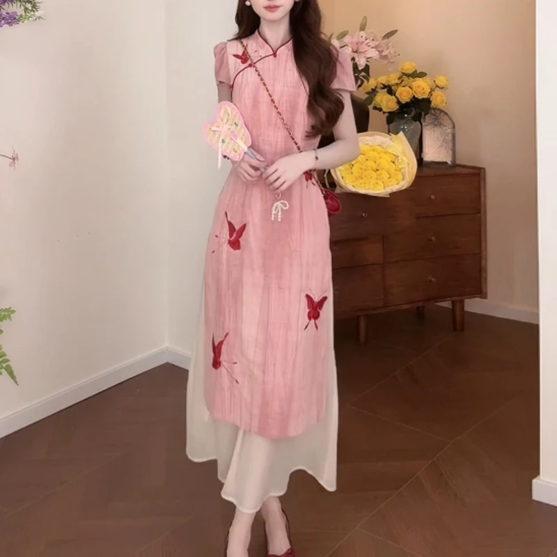 【南风里】2025夏季新款新中式蝴蝶刺绣旗袍夏季压褶显瘦连衣裙女