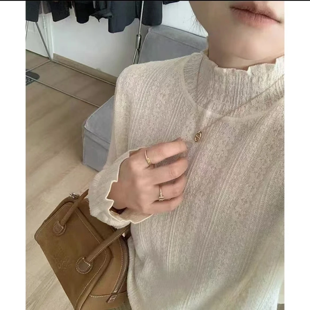 半高领蕾打底衫女针织衫秋装新款时尚洋气宽松休闲荷叶边内搭上衣