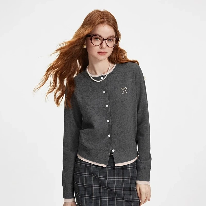 【撞色刺绣羊毛开衫】假两件拼接针织衫开衫女春秋蝴蝶结刺绣上衣