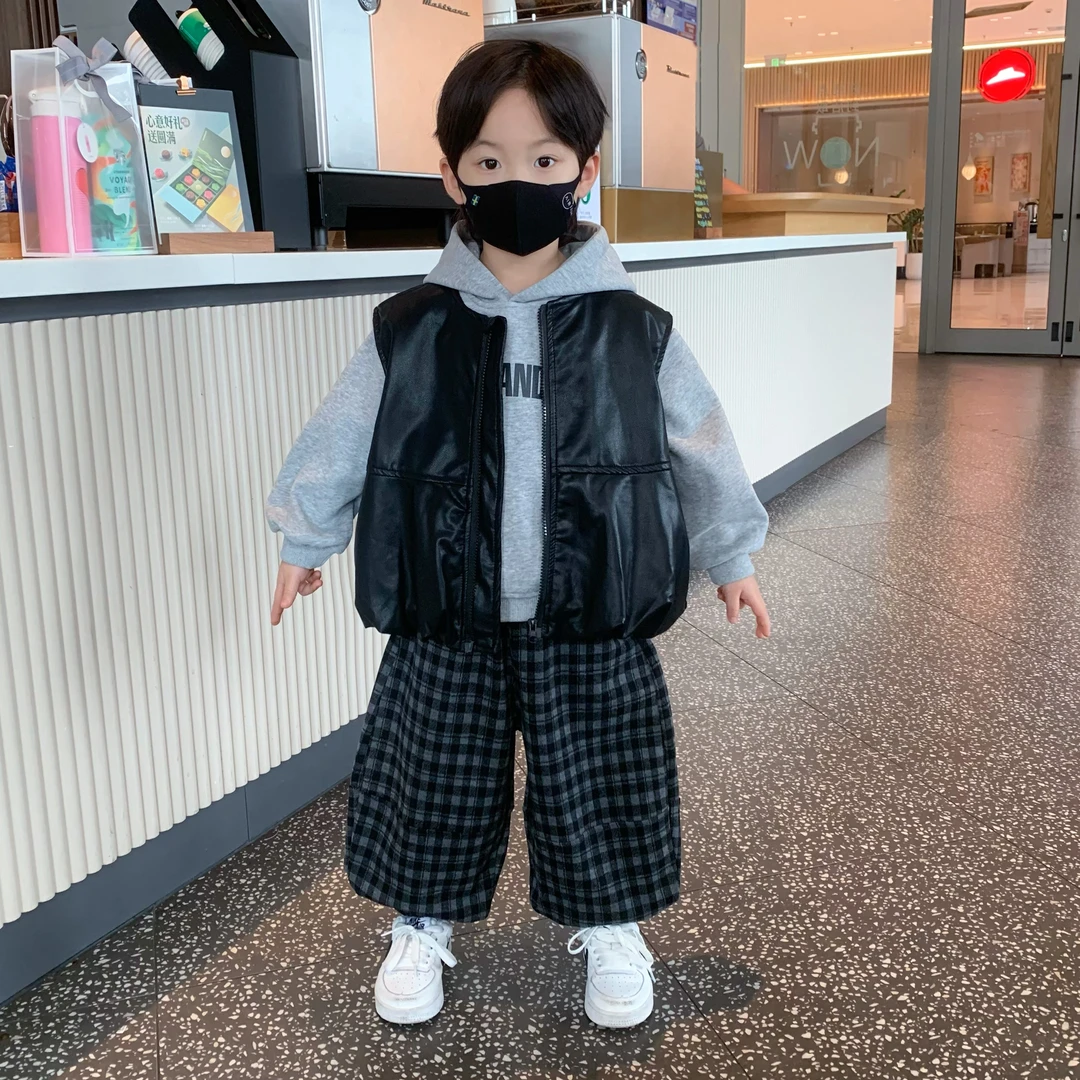 男童加绒套装2025新款韩范男孩衣服儿童秋冬卫衣宝宝皮马甲三件套