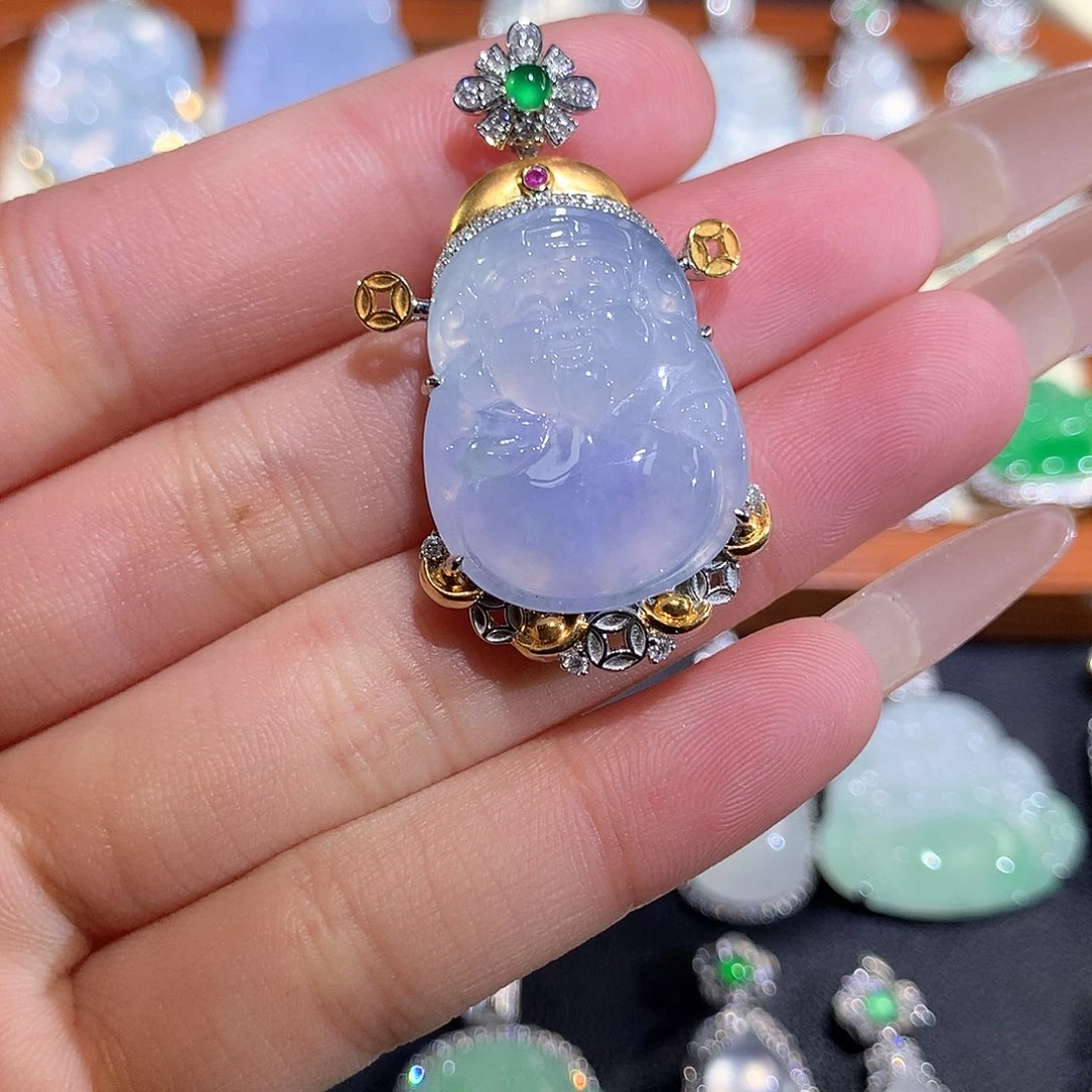 翡翠18K金镶嵌颈饰冰紫财爷爷