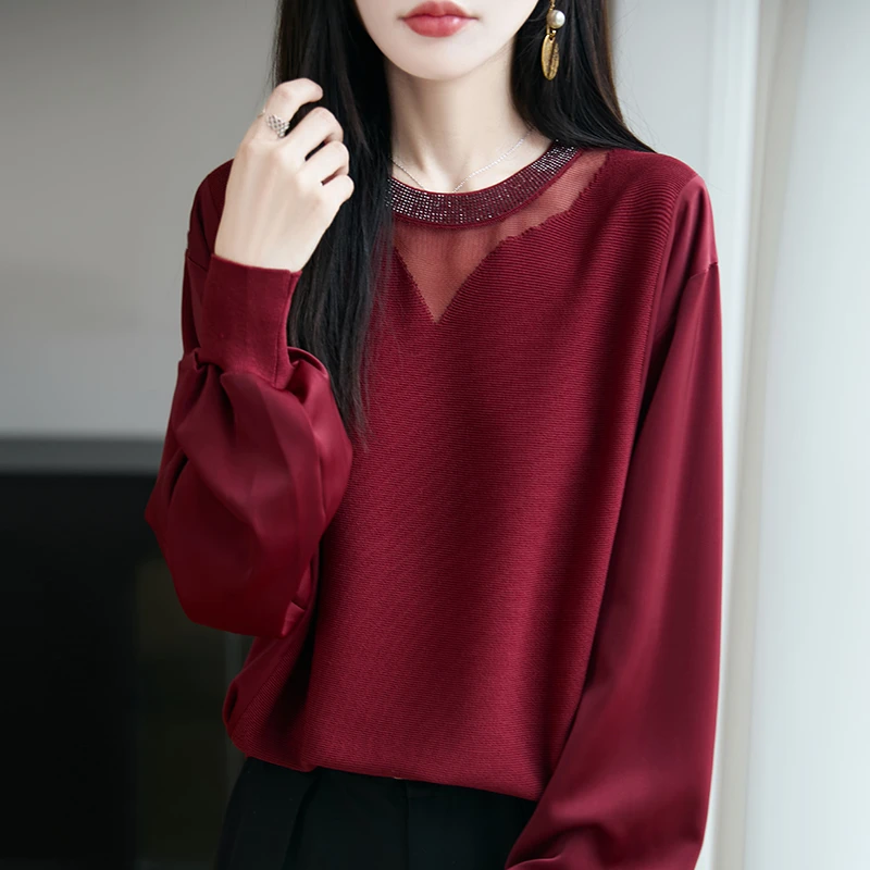 红色针织衫女秋装大码洋气上衣宽松遮肚子显瘦薄款拼接蕾丝打底衫