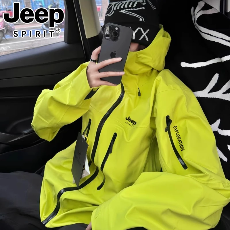 JEEP SPIRIT荧光绿硬壳冲锋衣女2025新款春秋美式户外三合一外套