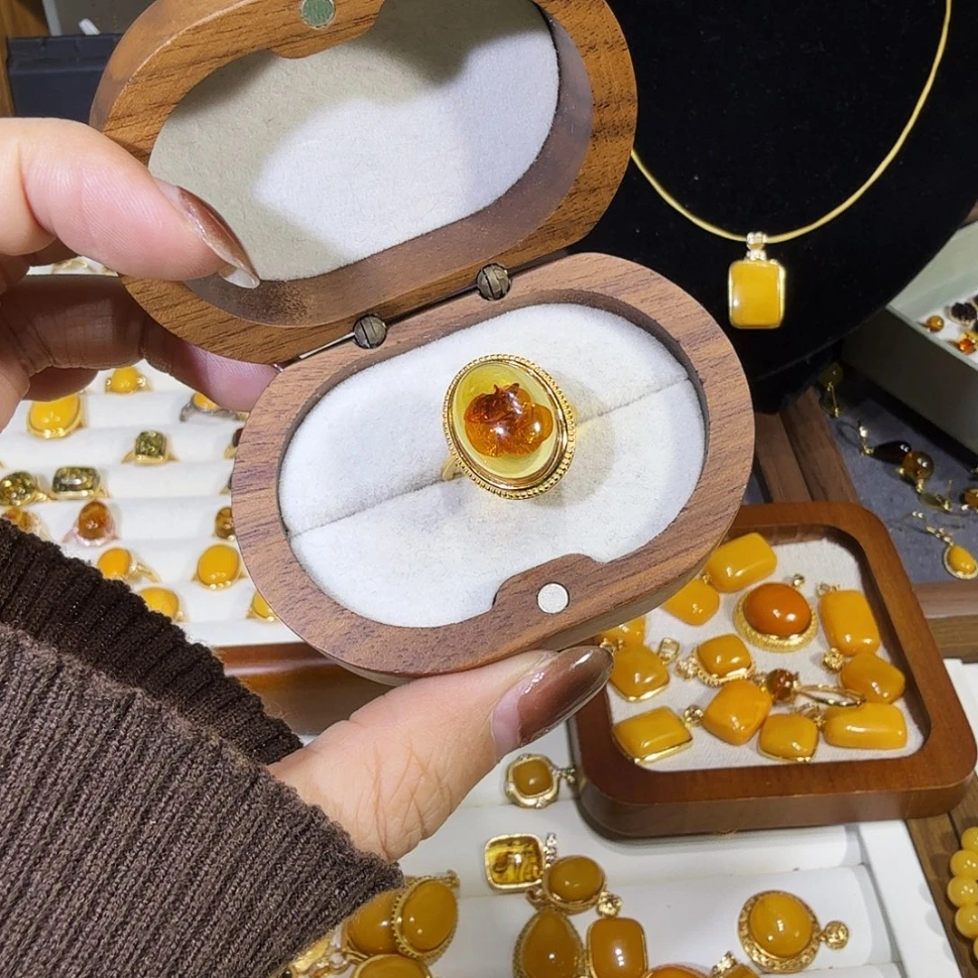 琥珀银S925镀金镶嵌戒指