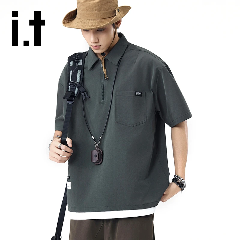 it izzue夏季薄款翻领短袖polo衫男士潮流拉链宽松休闲半袖上衣男