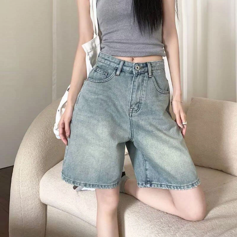 牛仔短裤女2025年夏季风复古纯色五分潮牌宽松网红裤中裤户外穿