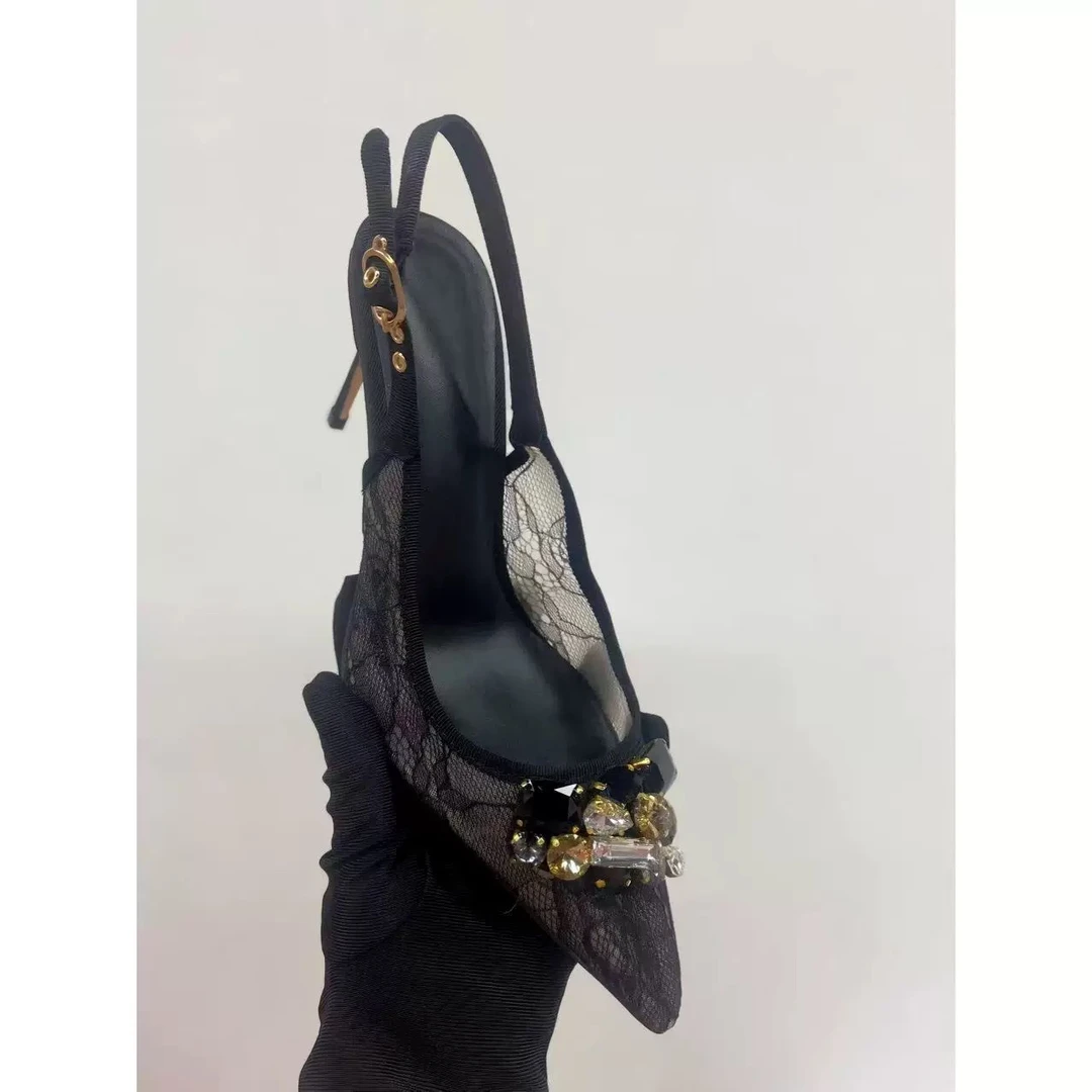 2025欧美新款时尚舒适百搭尖头高跟包头后空浅口黑蕾丝水钻凉鞋女