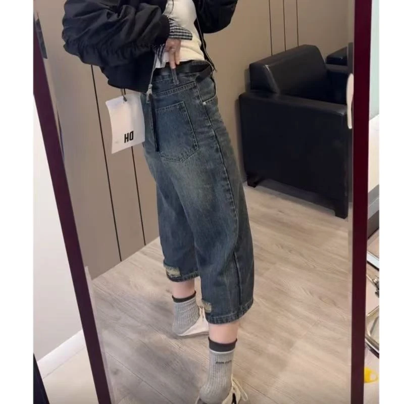 飞芊娅新款时尚高腰直筒牛仔裤梨形身材宽松显瘦小个子八分阔腿裤