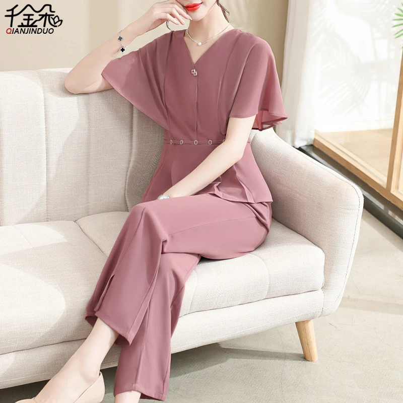 年轻妈妈夏装套装洋气中老年女夏季雪纺上衣贵夫人阔太太短袖t恤