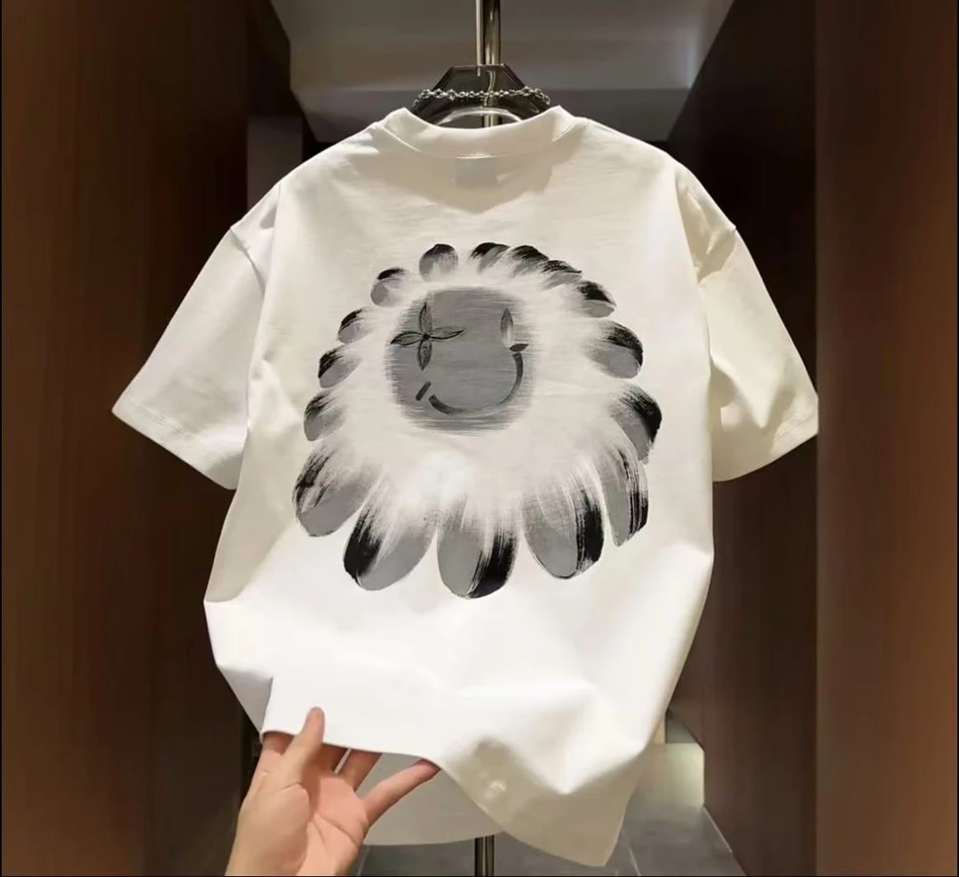 夏季新款美式潮牌笑脸印花纯棉短袖t恤男潮流圆领百搭休闲半袖衫