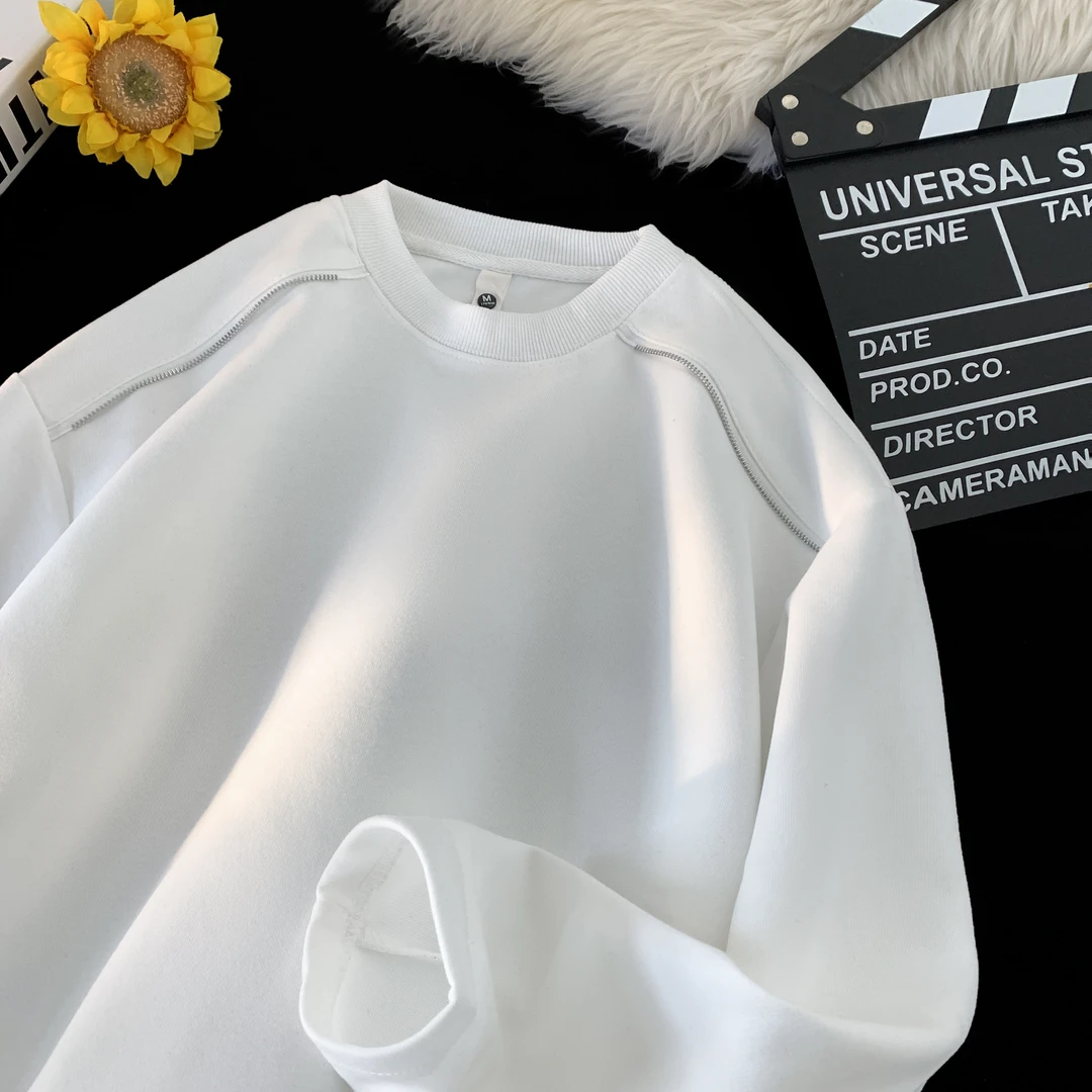 美式拉链正肩长袖卫衣秋季新款圆领宽松休闲小众百搭潮流港风纯色