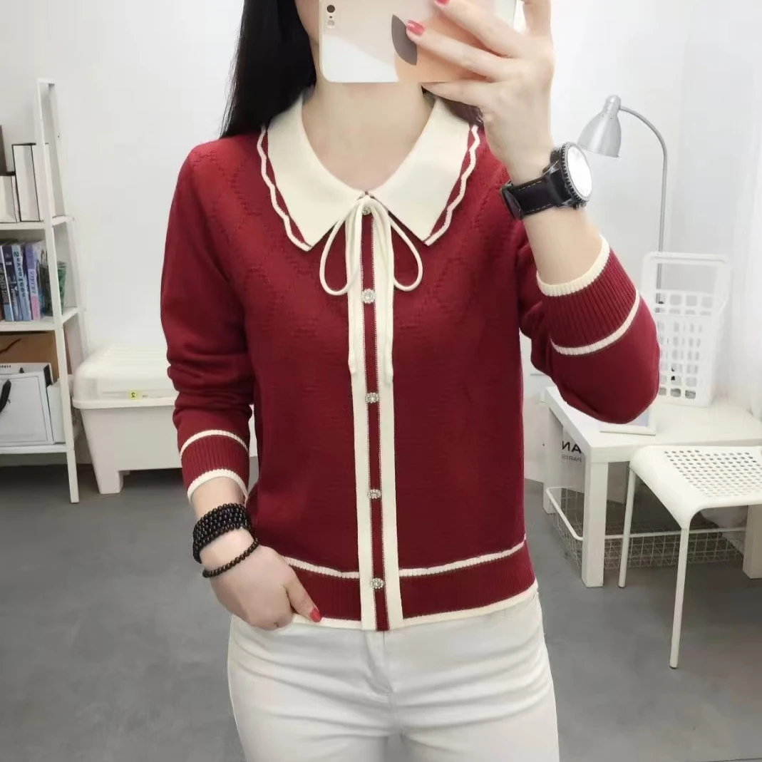 秋冬新款厚款别致设计法式娃娃领拼色毛衣洋气长袖减龄针织上衣女