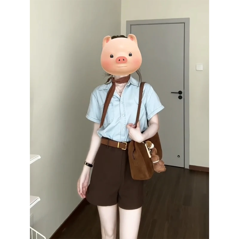 parkyeon夏季新款韩系短袖衬衫上衣设计感高腰直筒休闲短裤套装女