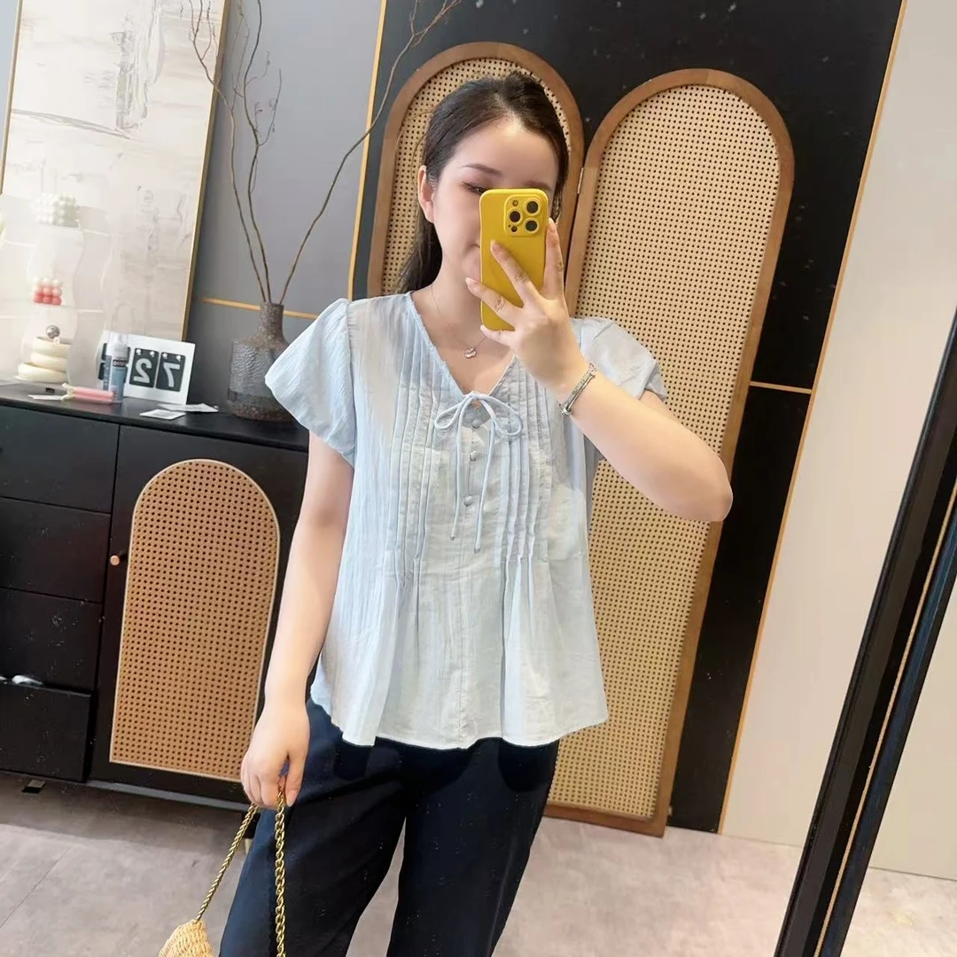 【欧加粒粒】2025夏季绑带V领打条重手工减龄显瘦衬衫 DJ25052819