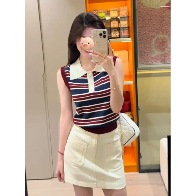 老钱风穿搭法式挂脖针织字母吊带背心女夏季外穿修身短款无袖上衣