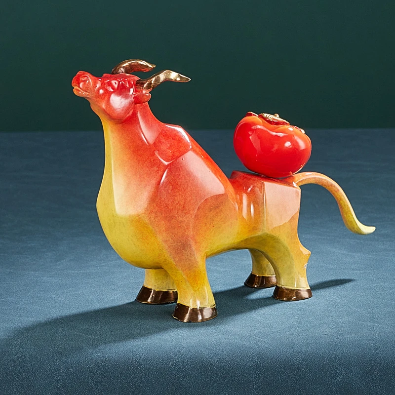 创意国潮牛市长虹铜牛柿子摆件办公室书桌高档工艺品摆设商务礼品
