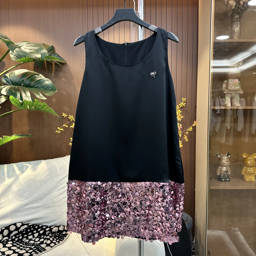 【RRSIFU蓉蓉私服】XS2529气质圆领蝴蝶结拼接亮片摆A字无袖连衣裙