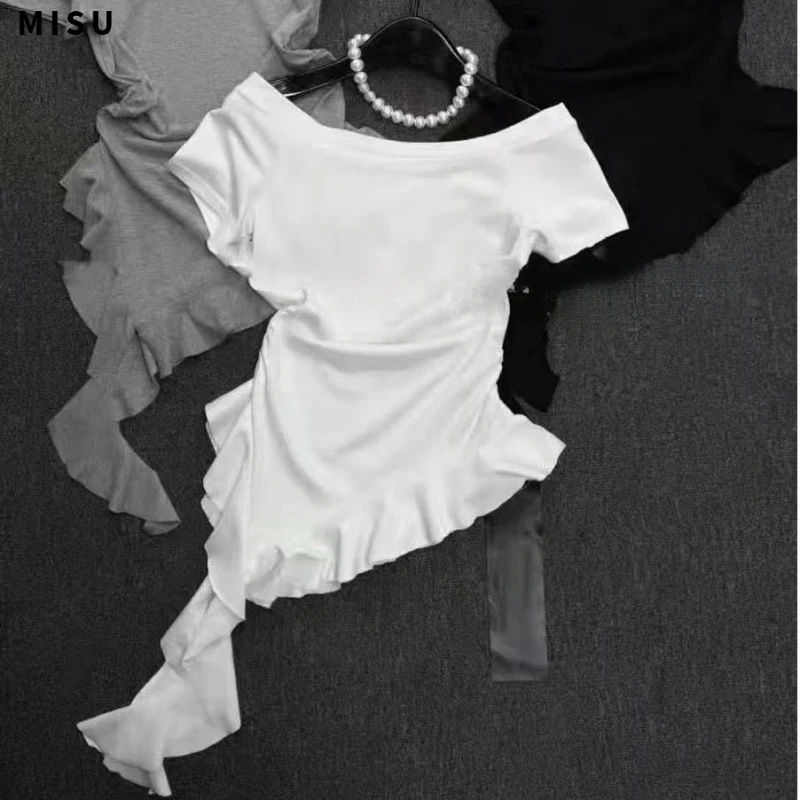 MISU大码胖mm设计感一字领不规则荷叶边下摆短袖T恤女夏修身显瘦