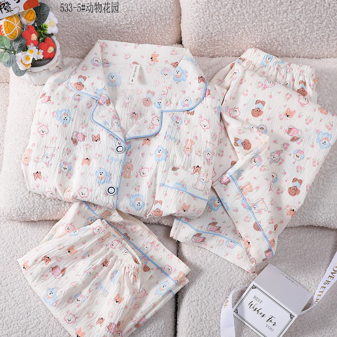 睡衣女款爆款2025新款睡衣女夏季云朵棉三件套短袖可爱卡通家居服