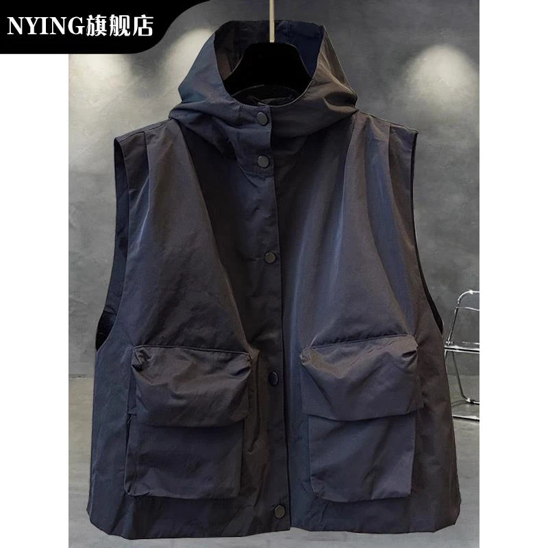 NYING纯色连帽拉链马甲外套男秋季韩版潮流工装口袋外穿背心宽松