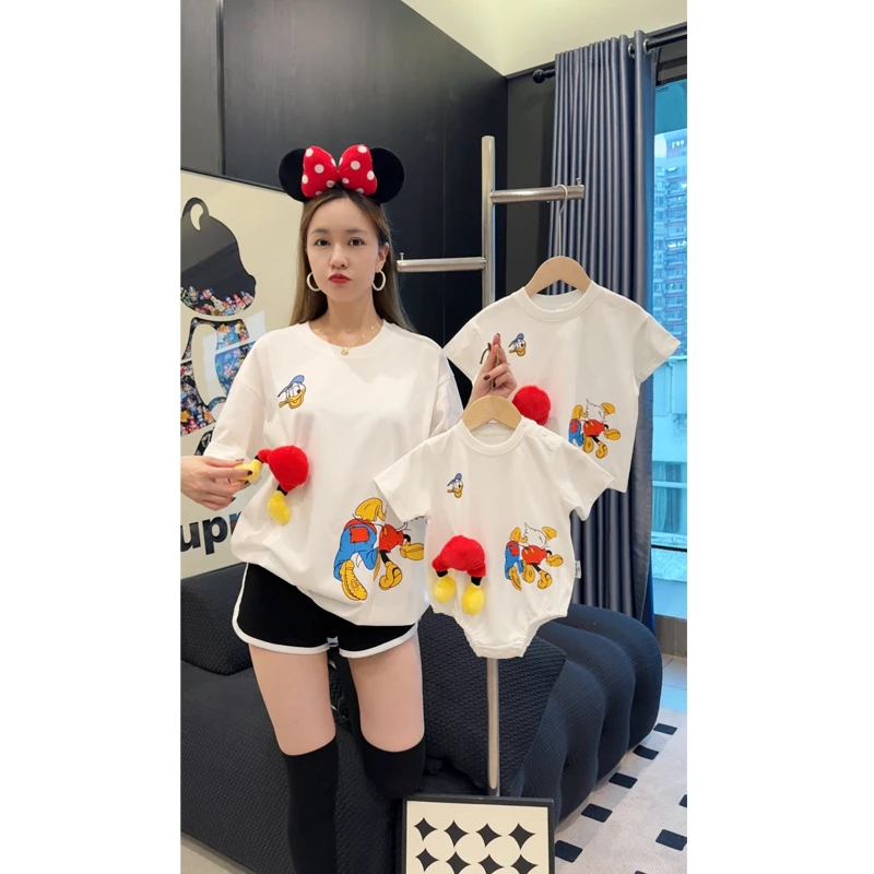 [PP鸭]亲子装纯棉白色卡通纯棉t恤一家三口四口婴儿爬服夏季