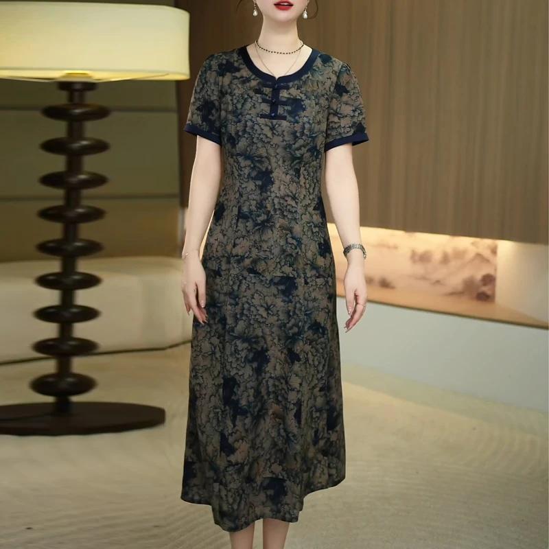 时尚印花连衣裙2025夏季新款微胖身材遮肚藏肉妈妈装宽松大码裙子