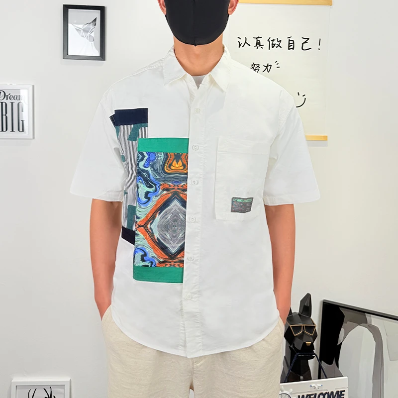 轻奢日系个性拼接短袖夏季短袖衬衫休闲时尚百搭潮牌文艺百搭衬衣