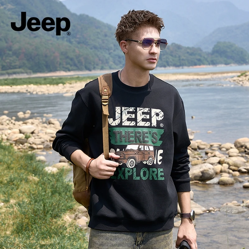 JEEP吉普春季卫衣男士圆领春季新款无帽时尚印花内搭青年潮流衣服