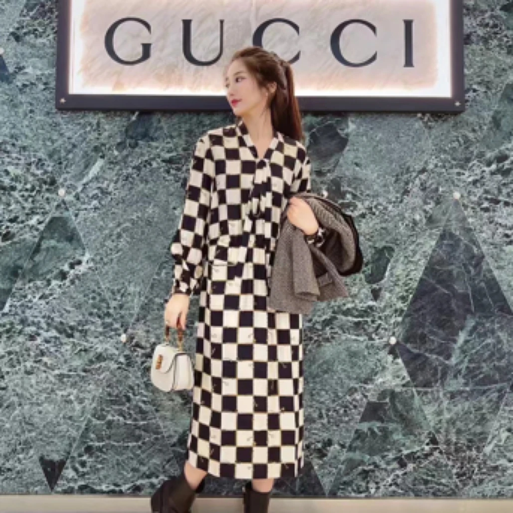 99新 GUCCI/古驰 GUCCI棋盘格系带中长款长袖连衣裙 /38码/D00929