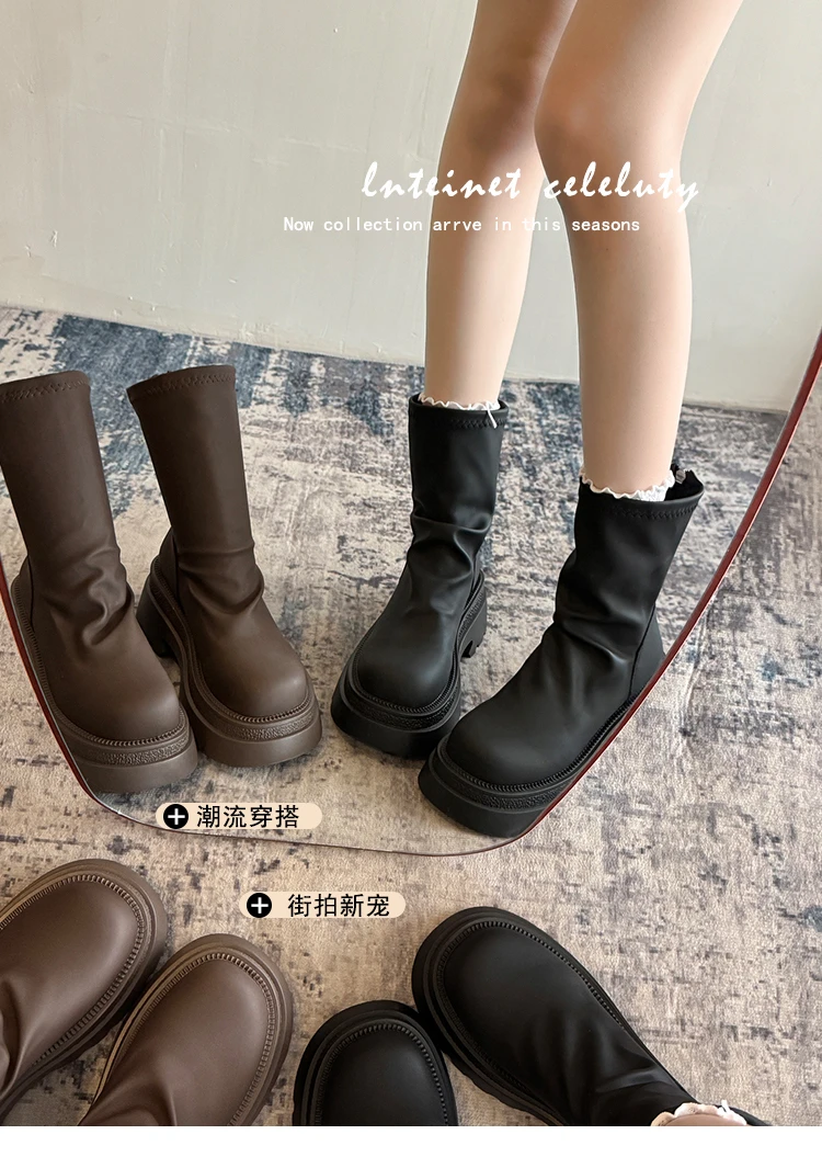 短靴女厚底弹力靴2025秋季新款马丁靴百搭显瘦堆堆靴小个子女靴子