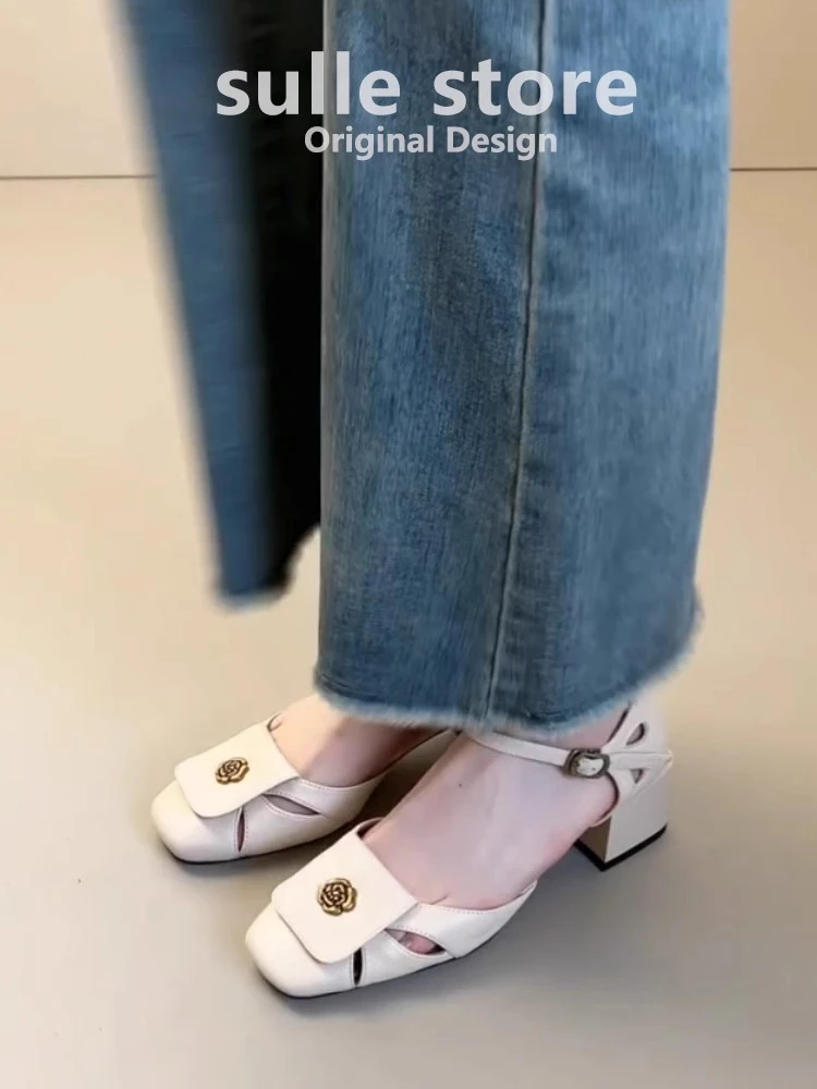 羊皮版粗跟法式高跟包头凉鞋女2025新款夏季绝美百搭气质中空女鞋