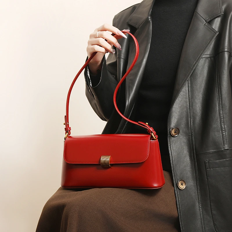 牛皮包包女小众红色新娘结婚包通勤真皮手提腋下包简约百搭斜挎包