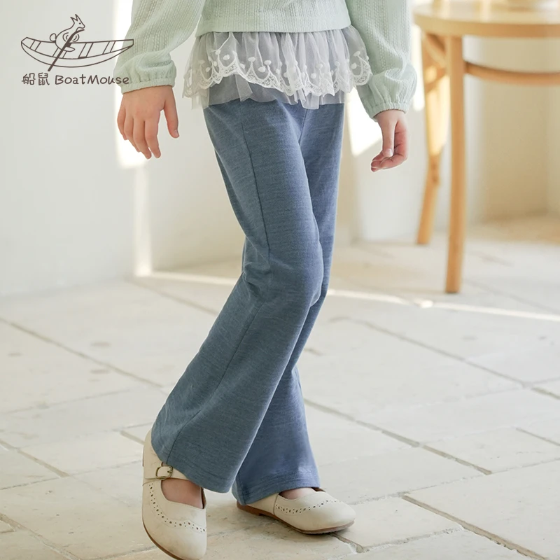 船鼠女童喇叭裤春秋棉质儿童微喇运动裤花边休闲裤小女孩裤子长裤