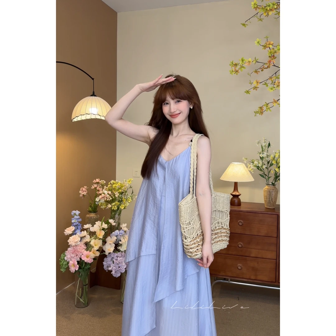 李李【仲夏夜】2025夏季新款法式度假风不规则无袖连衣裙DRC136