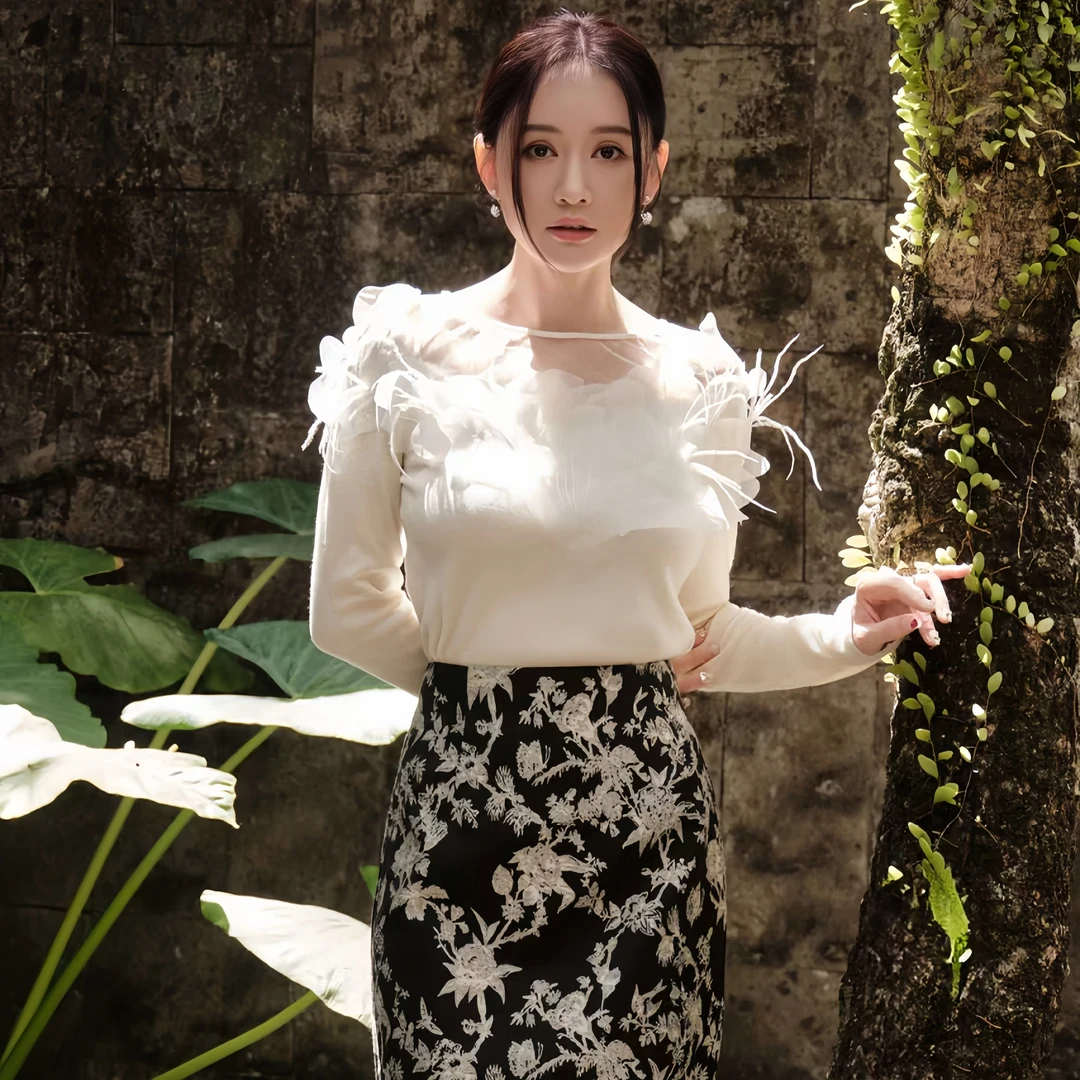 花朵毛针织衫糯感手钩针织开衫白色荷叶边春季方领M18334