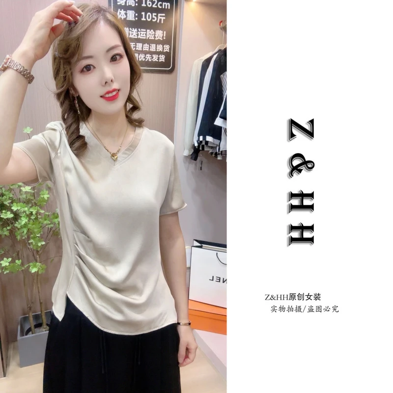 8671V领时尚短袖T恤女夏季新款小个子时尚缎面显瘦小衫