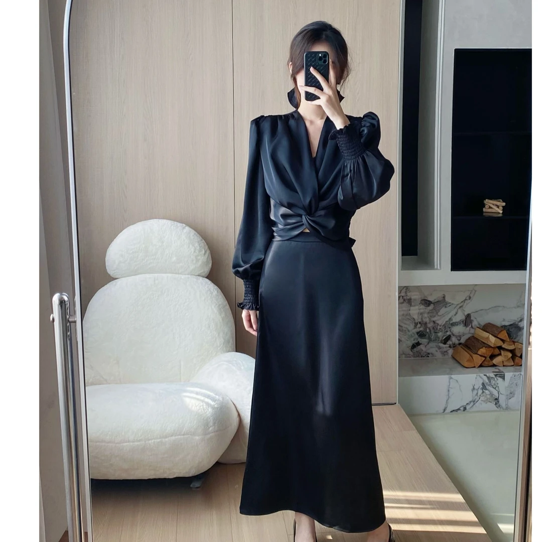 Merasoul高级感法式V领泡泡袖秋冬季套装缎面蕾丝长裙时尚两件套