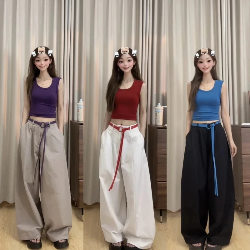 【现货+运费险】ins慵懒感中腰薄款休闲裤直筒弯刀裤子（不带腰带）