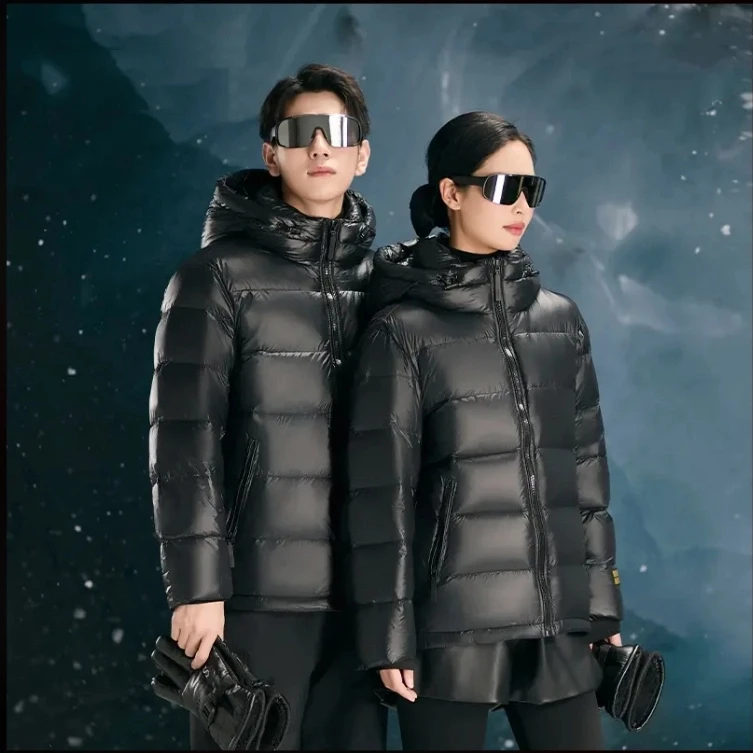 黑色短款金标情侣款户外保暖时尚帽运动90白鸭绒羽绒服-2